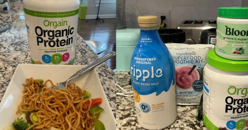 orgain powder with noodles and ripple milk, fruits for smoothies with bloom greens