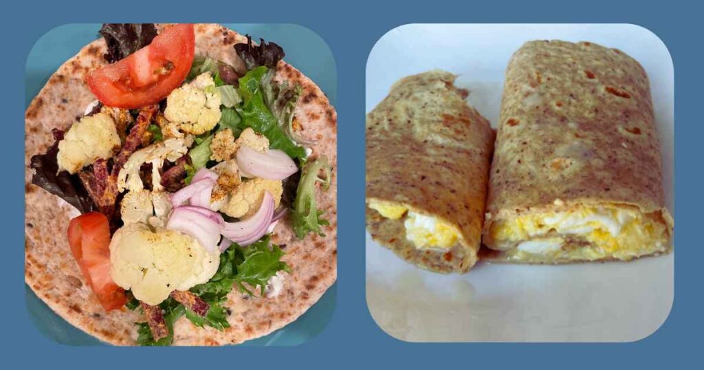 protein tortilla wraps with veggies and eggs blue background