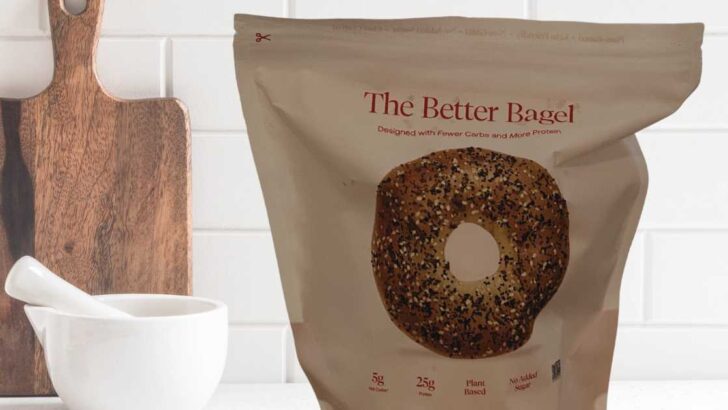 Better Bagel bag in front of white kitchen backsplash and white bowl.