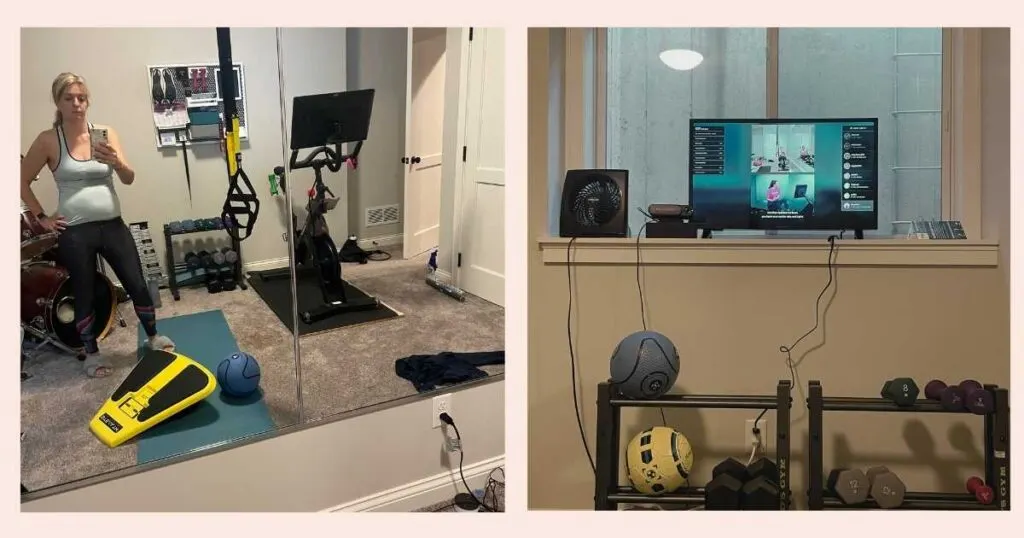 Selfie in front of home gym mirror and TV with weight rack and fan. 