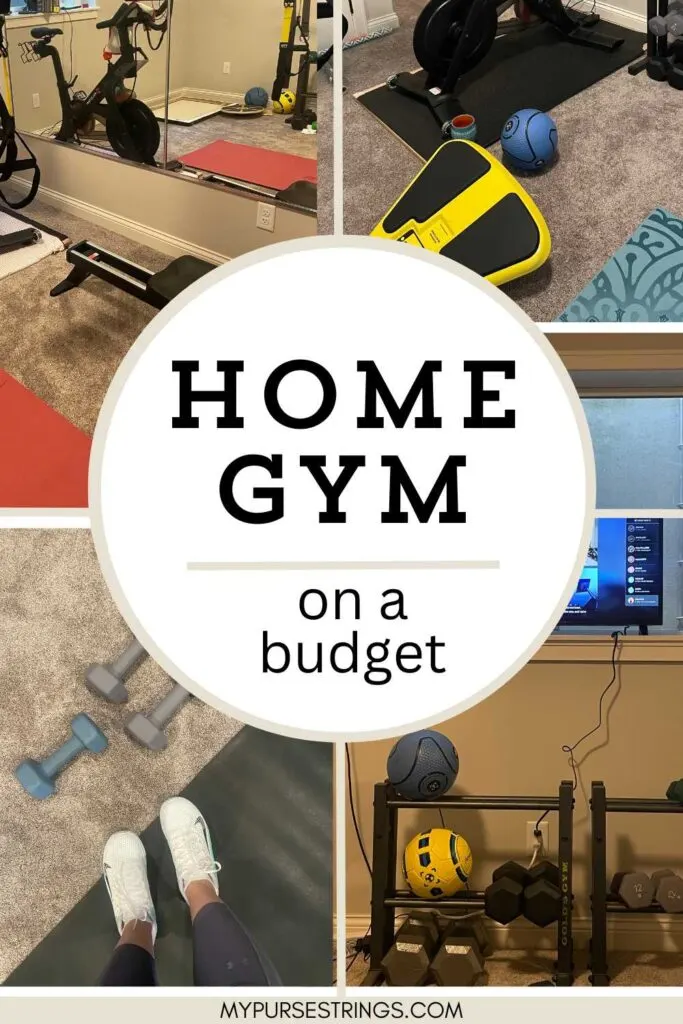 Home Gym on a Budget photo collage with four squares of gym equipment.