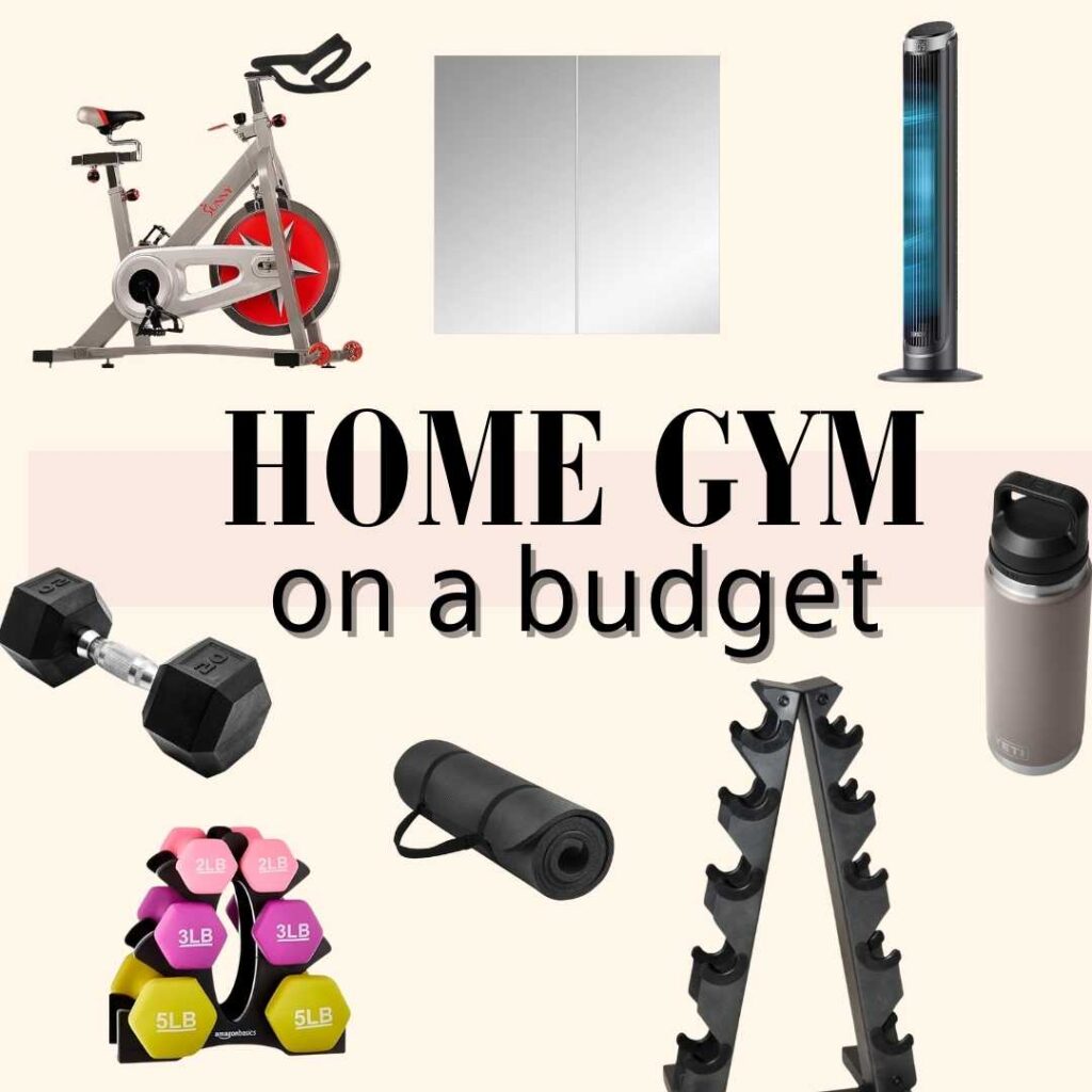 home gym items on a budget weights spin bike fan mats light pink background and text overlay.