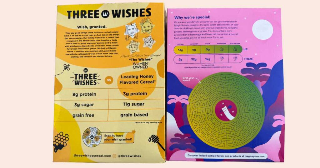 three wishes cereal box next to magic spoon cereal box.