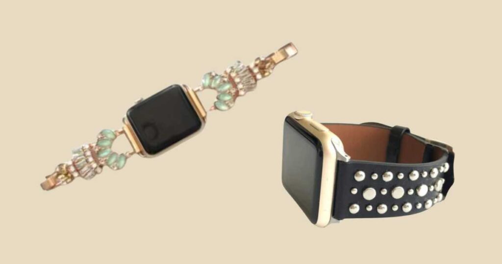 gatsy beaded apple watch band next to black leather studded apple watch band beige background.