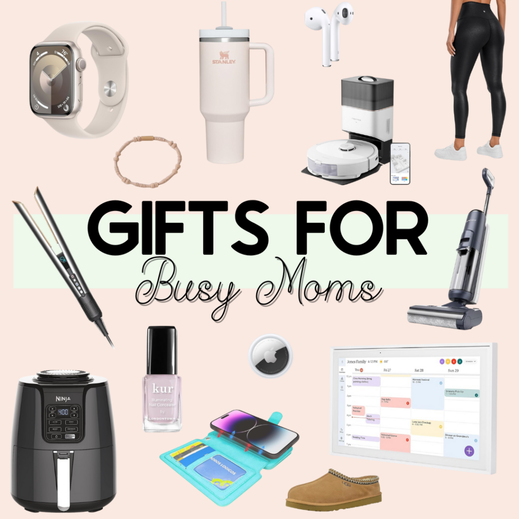 collage light pink background with text overlay gifts for busy moms showing home gifts, clothing gifts, and self-care gifts.