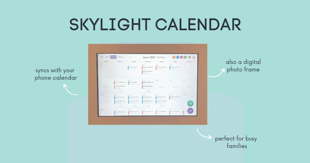 light blue background text skylight calendar arrows showing features