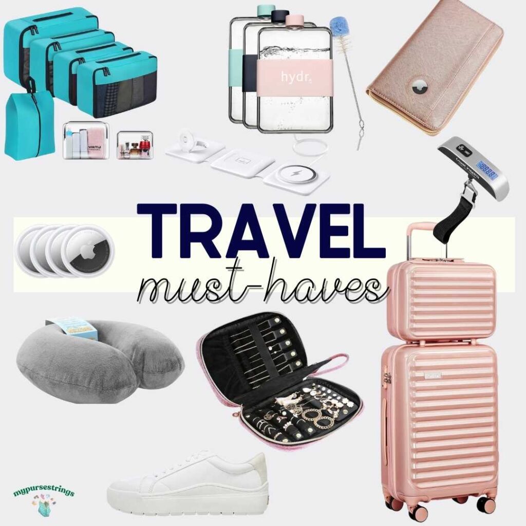 collage of travel must-have accessories including suitcases, packing cubes, airtags, and comfortable shoes.