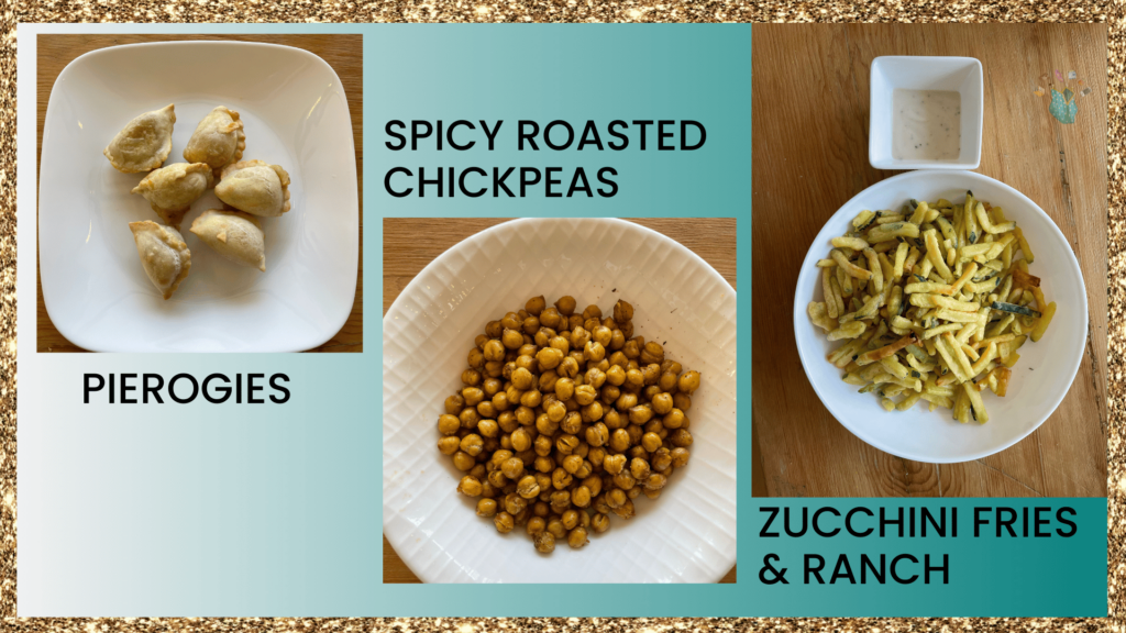 teal background gold border samples of food made in an air fryer including pierogies on a white plate, spicy roasted chickpeas in a white bowl, and zucchini fries and ranch dressing on a white bowl.