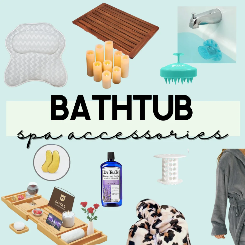 collage image of bathtub spa accessories light blue background