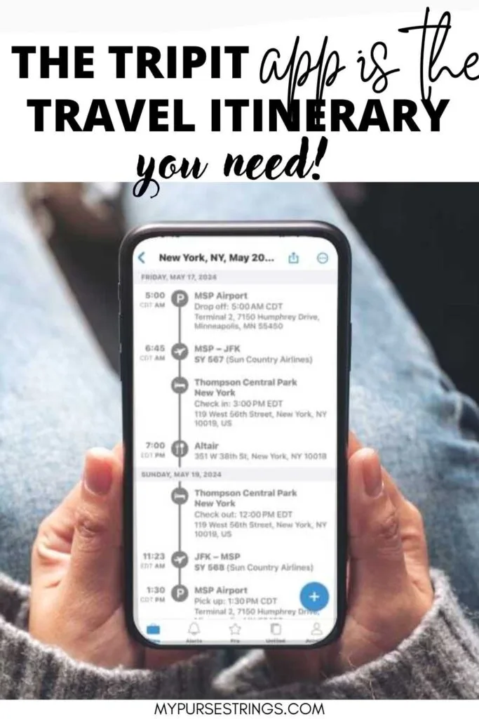 text overlay the tripit app is the travel itinerary you need woman holding iphone on lap.