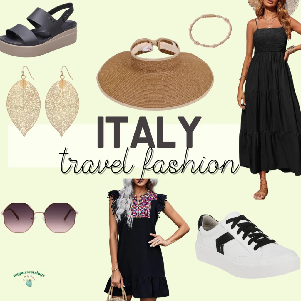 collage of images light green background showing earrings, a dress, sunglasses and shoes for Italy Travel Fashion.