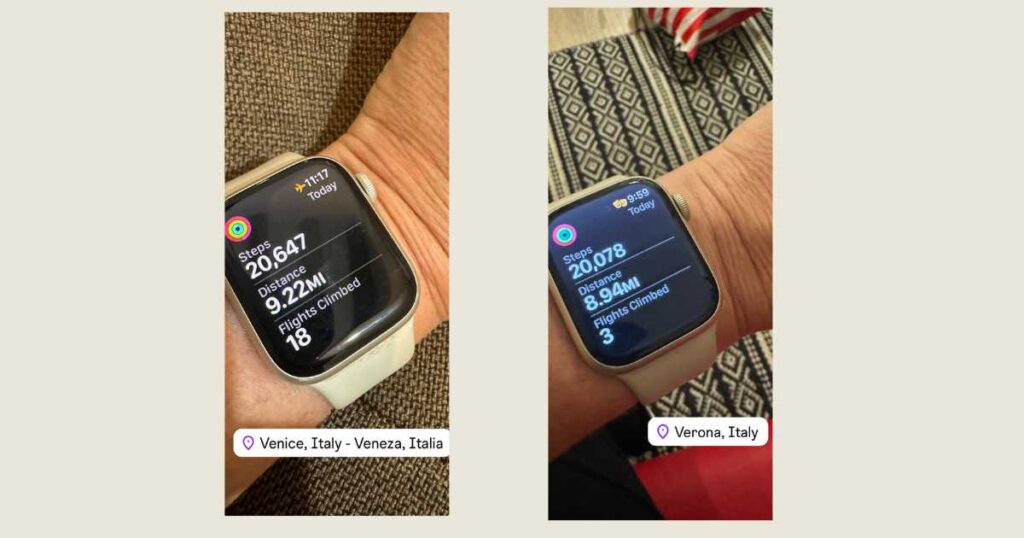 apple watch on wrist showing steps walked in venice and verona italy.