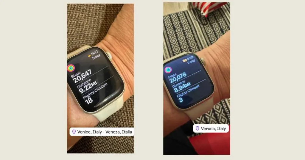 apple watch on wrist showing steps walked in venice and verona italy.