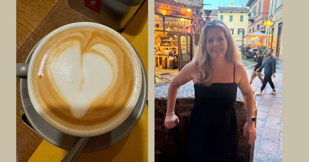 close up of cappuccino with foam heart and michelle platt standing on street in bologna.
