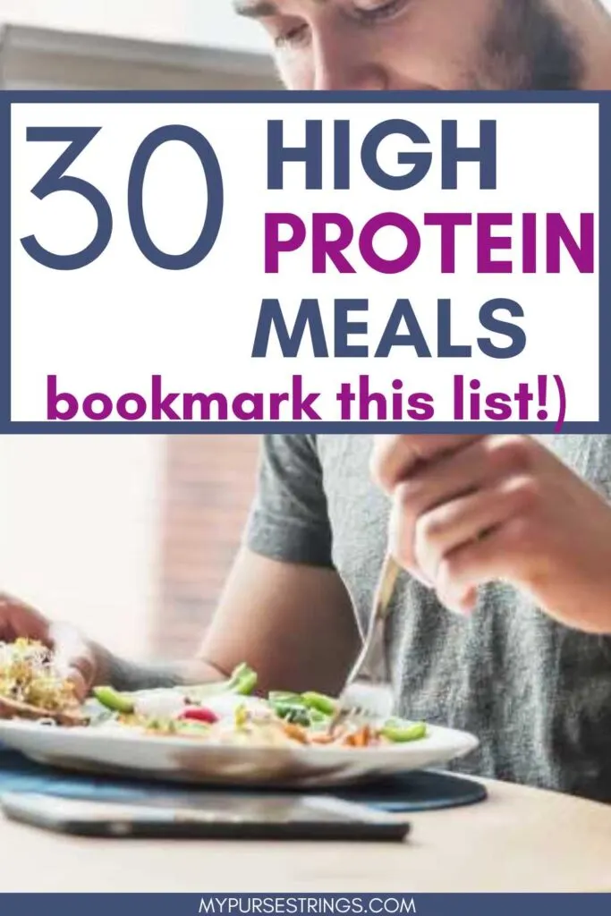 Pinterest Pin white text box blue and purple text 30 high protein meals image of man eating a meal at a table next to a window.