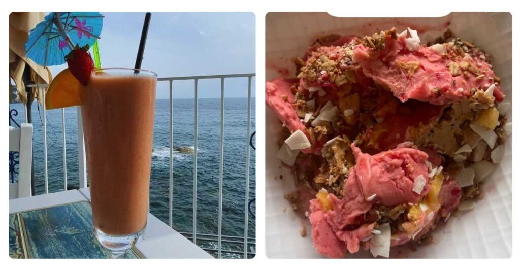 Smoothie with a straw next to water and a smoothie bowl with chia