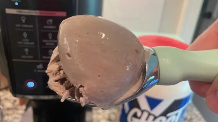 Ninja Creami protein ice cream in scoop with green handle