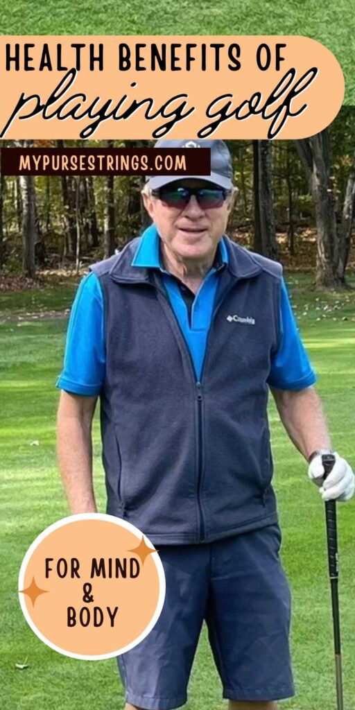 older man holding golf club yellow text box health benefits of playing golf